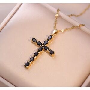14k Gold Cross over stainless steel Necklace w/ Black Stones‎ Pendant Religious